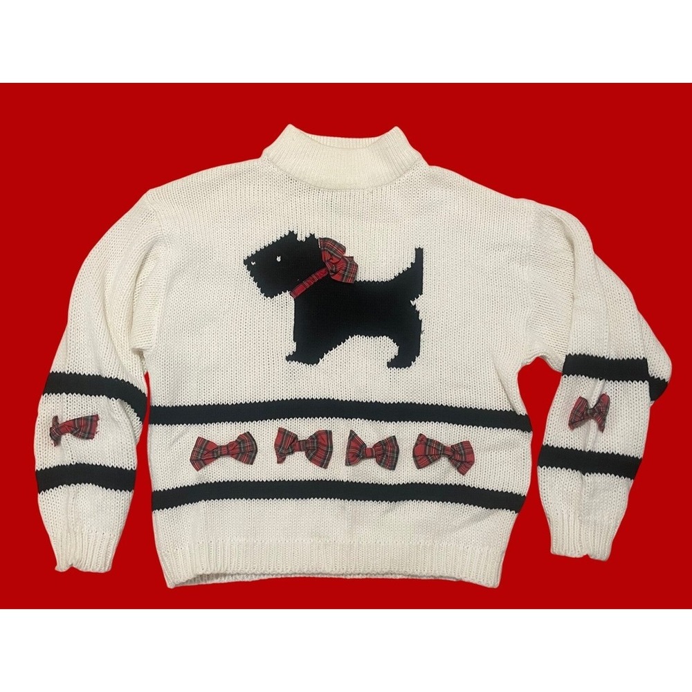 Vintage Scottie Dog Sweater Plaid Bow Mock Neck Cream Large Spice of Life